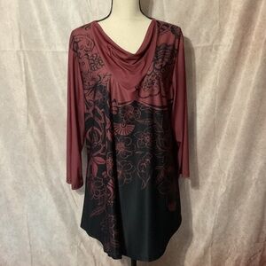 Elegant Cowl Neck Floral Tunic - Burgundy and Black